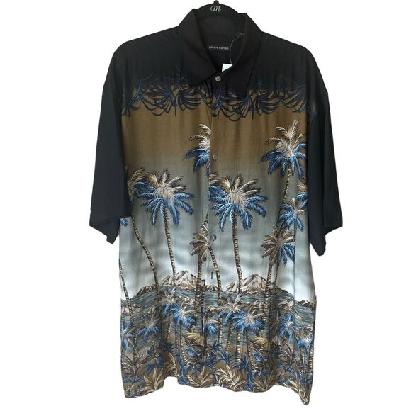 Vintage 90's PIERRE CARDIN Button-Up Casual Shirt Men's Small Black Palm Trees - Picture 1 of 3